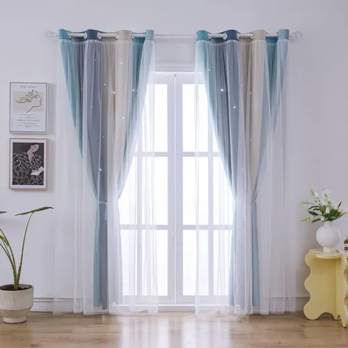 Vista 3 de FANLI Cortinas opacas de arcoíris degradado para dormitorio de niños y niñas, sala de estar, rayas oscuras, doble capa, corte de estrellas