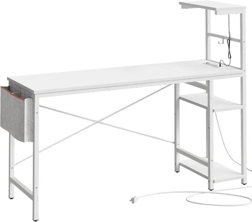 Vista 9 de Bestier Escritorio para juegos con tomas de corriente, escritorio LED grande de 61 pulgadas con estantes reversibles de 4 niveles, mesa