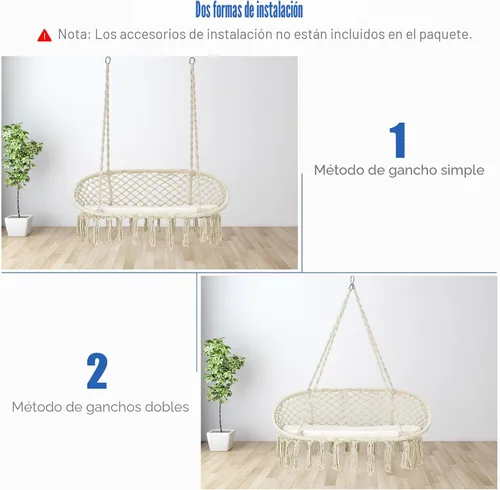 Vista 2 de Giantex Silla hamaca de 2 asientos, silla colgante de macramé con cojín, cuerdas de algodón colgantes, marco de metal, columpio