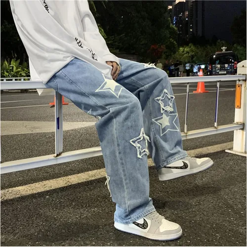 Vista 3 de Pantalones de mezclilla Y2K para hombre, estilo hip hop, holgados, rectos, holgados, estilo hip hop, para hombre