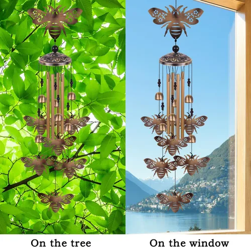 Vista 6 de Campanillas de viento de bronce con abejas para exterior/interior/jardín/hogar/balcón/césped/árbol/patio/decoración de jardín, atrapavientos retro