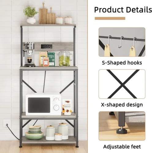 Vista 6 de JAMFLY Estante para hornear de cocina con toma de corriente, soporte para microondas con 6 ganchos en forma de S, barra de café de 4 niveles