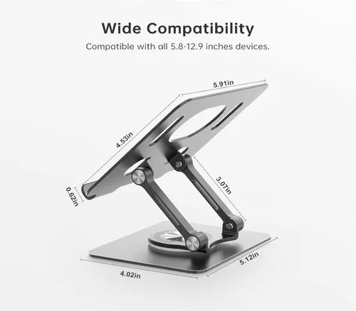 Vista 6 de Orlian Soporte para tablet con base giratoria de 360°, soporte ajustable de aluminio para tableta de doble varilla para escritorio, compatible