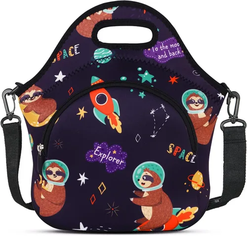 Vista 14 de Violet Mist Lonchera de neopreno reutilizable aislada con correa de hombro ajustable y bolsillo para mujeres, hombres y adultos, lindas bolsas