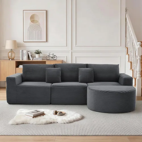 Vista 10 de Korser Sofá modular en forma de L de 110 pulgadas con diván, sofá modular de pana esponjosa con asiento profundo y bolsillos laterales, cómodos Beige