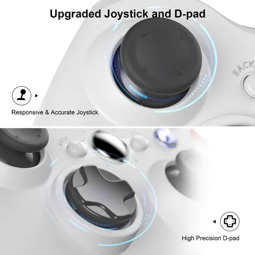 Vista 4 de VOYEE Controlador inalámbrico compatible con Microsoft Xbox 360 y SlimPC Windows 1087 con joystick mejoradodoble choque blanco