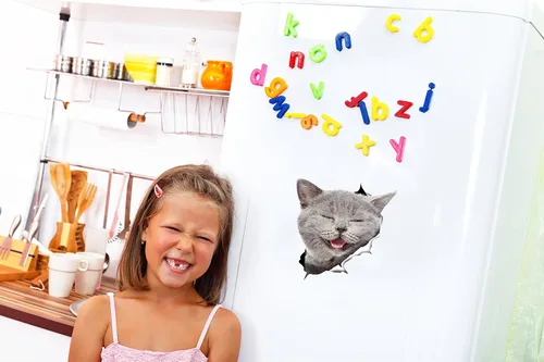 Vista 2 de Winston & Bear Calcomanías 3D de gato, paquete de 2 unidades, calcomanías de gato gris risueño para pared, nevera, inodoro, automóvil, empaquetado