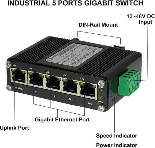 Vista 4 de Mini interruptor Gigabit de 5 puertos industrial, interruptor Ethernet de riel DIN RJ45 10/100/1000Mbps,12 ~ 48 V CC para torre de cámara lP, antena