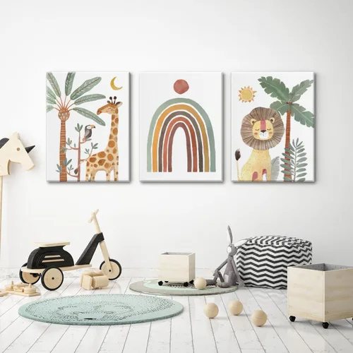 Vista 3 de Wodkwq Arte de pared para guardería, impresiones en lienzo de animales de safari, póster para decoración de habitación de bebé, decoración