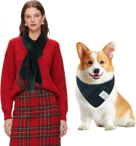 Vista 10 de E-Clover Bandanas navideñas para perros, bufanda a juego para el propietario, bufanda a cuadros para perro, baberos con bufandas de tartán, chal