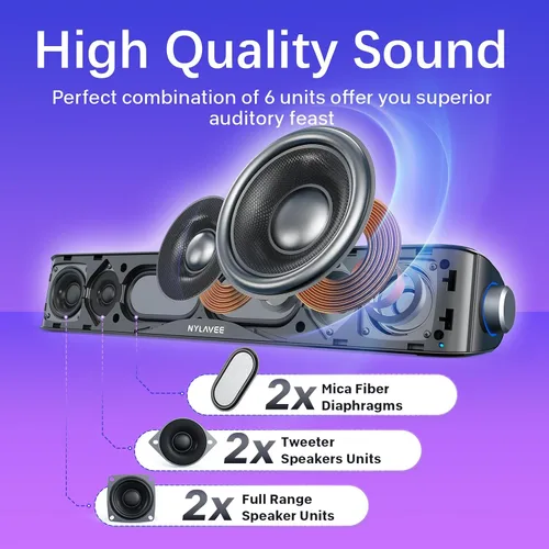 Vista 2 de Nylavee Altavoces de computadora con subwoofer, sistema de altavoces 2.1 para PC con Bluetooth 5.4 y entrada auxiliar de 3.5mm, potencia máxima
