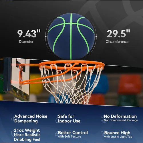 Vista 5 de Silent Basketball Size 7 (29.5''), Airless Indoor Basketball Premium Deep Blue