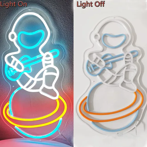 Vista 7 de Letrero de neón de astronauta, astronauta sentado en el planeta tocando guitarra, luz LED de neón, decoración de sala de juegos, decoración de museo