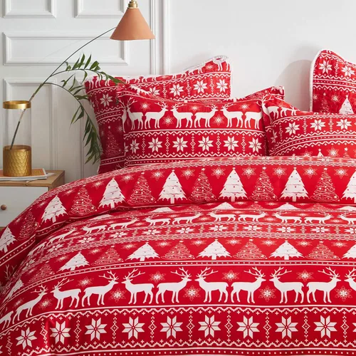 Vista 2 de Joyreap Juego de funda de edredón de Navidad de 3 piezas, patrón de copo de nieve y árbol de renos rojos y blancos, microfibra suave y transpirable