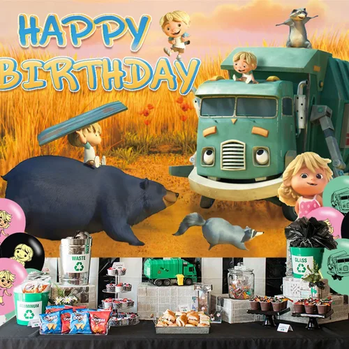 Vista 5 de Fondo de fiesta de cumpleaños de camión de basura, decoración y pancarta, accesorios de fondo de fotos para niños y niñas, 5 x 3 pies