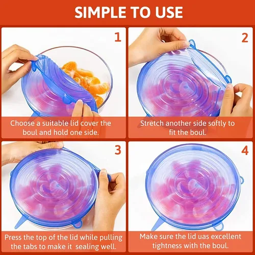 Vista 4 de Tapas elásticas de silicona – 12 tapas de silicona para almacenamiento de alimentos – Cubiertas redondas flexibles de silicona – Cubierta