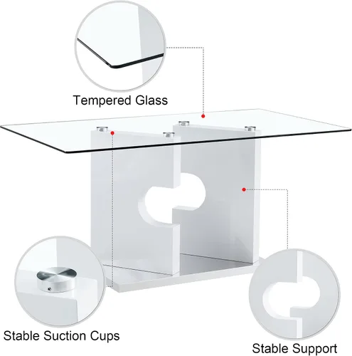 Vista 3 de Mesa de comedor moderna de cristal, mesa de cocina rectangular de 63 pulgadas para 4-6 personas, mesa de comedor de vidrio templado de 0.39 pulgadas