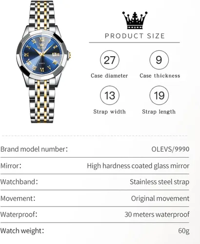 Vista 9 de OLEVS Reloj de pulsera para mujer, elegante, con diamantes, analógico, de cuarzo, de dos tonos, de acero inoxidable, impermeable, luminoso, regalo