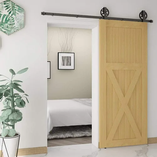Vista 6 de Kit de rieles de 98-2/5 pulgadas para puerta corrediza de granero, rodillo de rueda negro básico para puertas individuales, sistema de rieles