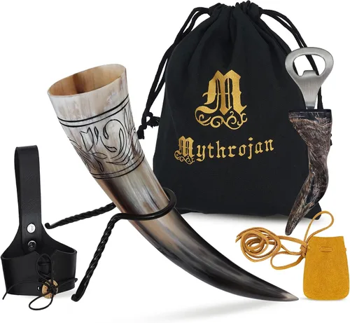 Vista 26 de Mythrojan Cuerno vikingo para beber 100% natural, auténtico, decoración de latón, cuerno nórdico con funda de cuero negro, bolsa de lona para vino