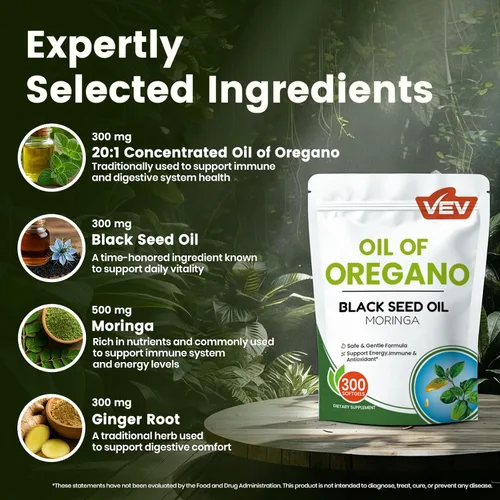 Vista 3 de VEV Aceite de orégano con aceite de semilla negra y moringa, orgánico, 300 cápsulas blandas