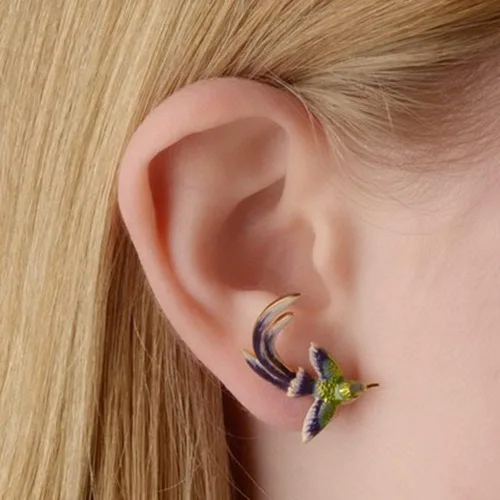 Vista 2 de Elegantes pendientes colgantes de colibrí en forma de C con bonitos animales, gota de aceite, colibrí, esmalte volador, lágrima de colibrí, regalo