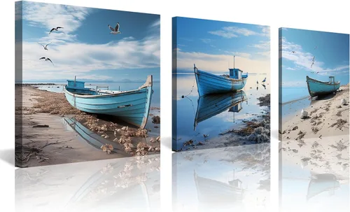 Vista 19 de Arte de pared costero de playa, arte en lienzo de barco azul, imágenes de gaviota, paisaje marino, impresiones de pintura de paisajes marinos, obras