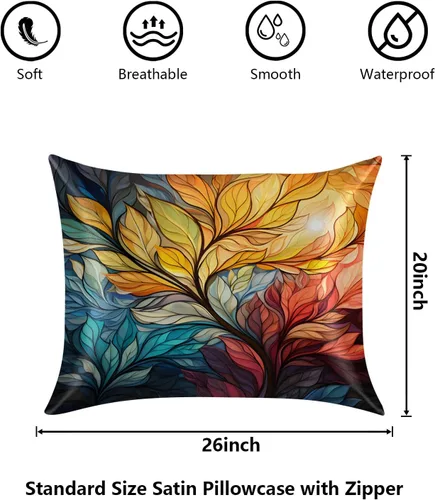 Vista 2 de Funda de almohada de satén para cabello y piel, funda de almohada de seda de hojas coloridas abstractas de tamaño estándar, fundas de almohada