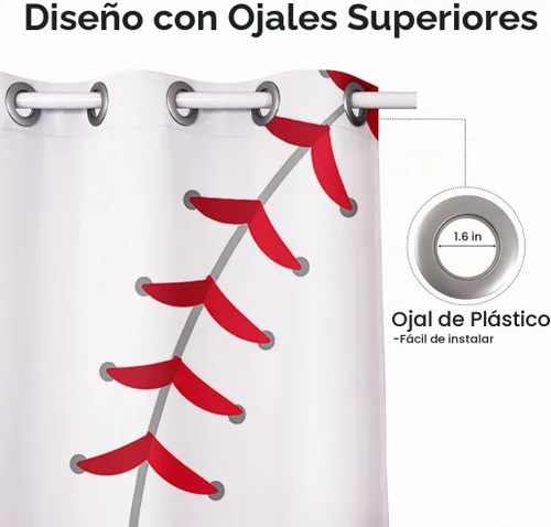 Vista 3 de Cortinas opacas de 42 x 63 pulgadas (2 paneles) con ojales para oscurecer la parte superior para dormitorio y sala de estar, deportes, béisbol