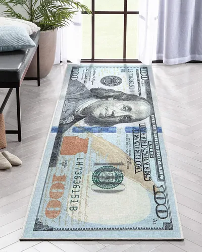 Vista 10 de Well Woven Money Collection New Hundred Dollar Bill - Alfombra de pasillo de 2 x 5 pies Azul verdoso