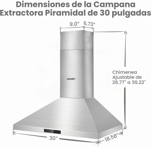 Vista 9 de COMFEE' CVP30W7AST Campana Extractora de 30 Pulgadas 450 CFM 3 Velocidades Detección de Gestos y Panel de Control Táctil Acero Inoxidable Montaje