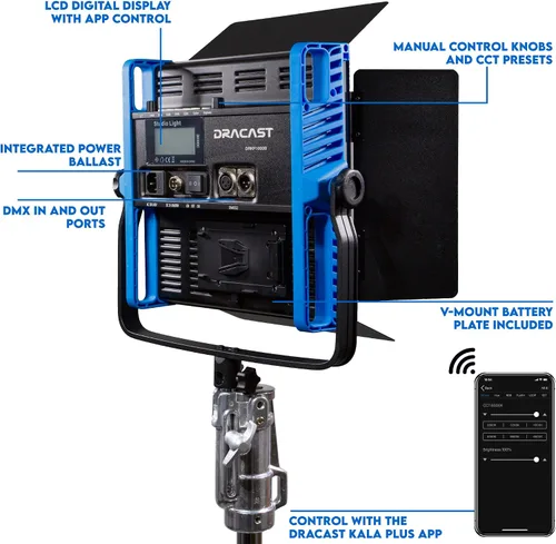 Vista 3 de Dracast Kala Plus Series 1000 - Luz de video LED bicolor 2800K - 6500K Control de aplicación Regulable 0-100% CRI y TLCI 96+ Placa