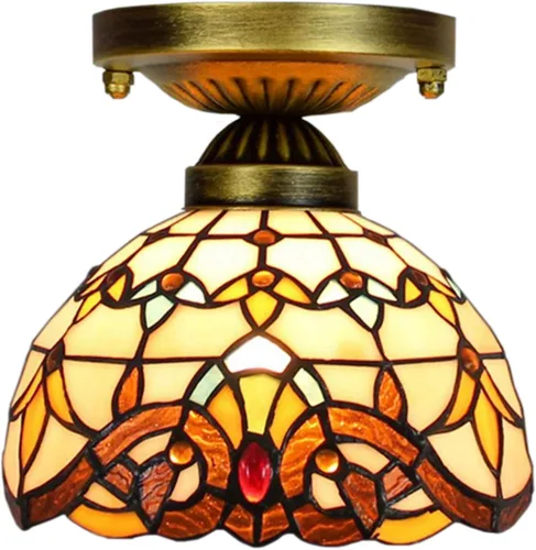 Vista 8 de Tiffany - Lámpara de techo estilo vitral, mini lámpara de techo, 1 luz, montaje empotrado de 8 pulgadas para hotel, pasillo, balcón, cocina Azul