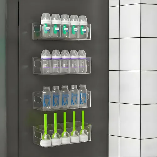 Vista 9 de MGY Paquete de 3 organizadores magnéticos para biberones para refrigerador, almacenamiento que ahorra espacio para biberones, estante de metal con 4