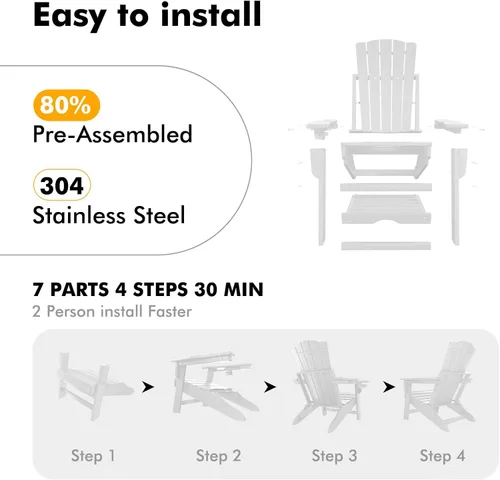 Vista 5 de LETKIND Folding Adirondack Chair with Retractable Ottoman,All Weather Fire Pit Chairs with Cup Holder,Outdoor Chair with Ottoman,White