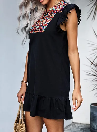 Vista 3 de KYLASIEN Vestido de verano casual bohemio con cuello en V para mujer, bordado floral, con volantes, hombros y volantes, estilo bohemio