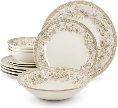 Vista 27 de Tudor Royal - Juego de vajilla redonda de porcelana de 12 piezas, servicio para 4, diseño botánico, flores de verano, platos, cuencos, brillante