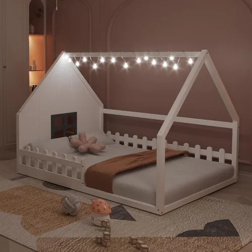 Vista 11 de Polibi Cama de casa de tamaño completo, marco de cama de piso de madera con ventana y valla para niños, gris