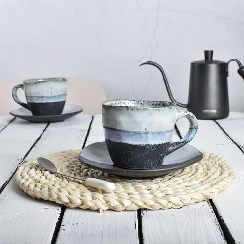 Vista 4 de Bosmarlin Juego de 2 tazas de café de gres con platillo para café con leche, capuchino, té, onzas, lavavajillas y microondas (negro, 2)