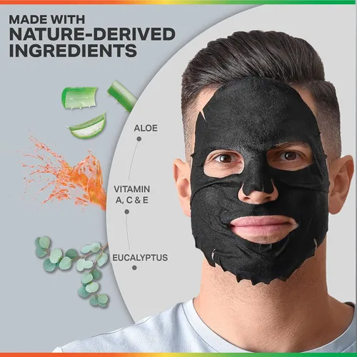 Vista 3 de ODB - Máscara facial de hoja de esencia de carbón para hombres barbudos, paquete de 24 mascarillas faciales hidratantes de aloe y vitamina