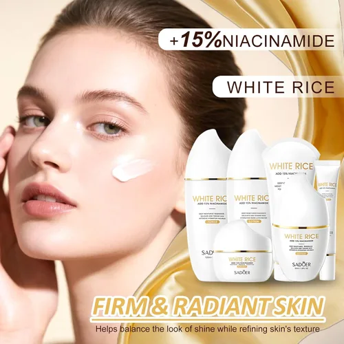 Vista 5 de FOR SADOER Rice Niacinamide Skincare Set – Kit de 6 piezas de cuidado de la piel reafirmante con limpiador, tónico, loción, crema para los ojos