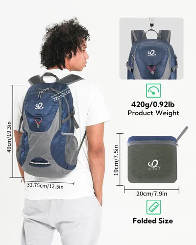Vista 2 de WATERFLY Mochila de senderismo ligera y plegable, paquete de día 30L azul