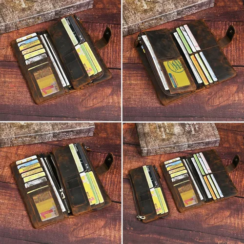 Vista 21 de Genuino Caballo Loco Cuero Regalo de Viaje Moneda Bolsillo Tarjetero Organizador Largo Cadena Rfid Cartera Monedero Con Broche Para Hombres Hombres