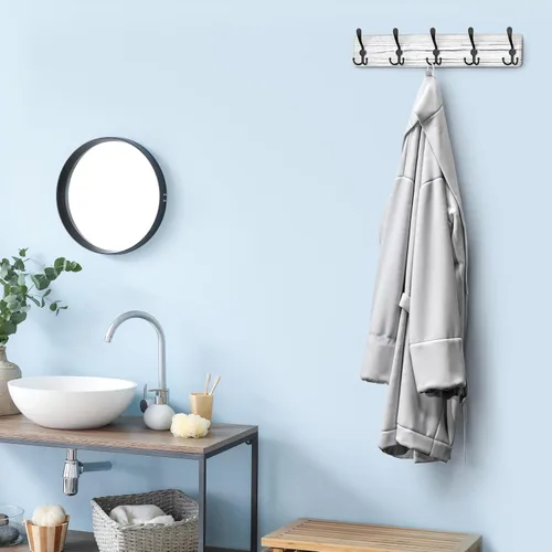 Vista 6 de Perchero rústico de pared – Perchero de pared de madera de pino maciza con 5 ganchos triples – Perchero premontado – 17 pulgadas de largo, 16