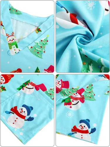 Vista 7 de Camisa de cuello en V con estampado de Navidad, muñeco de nieve azul claro