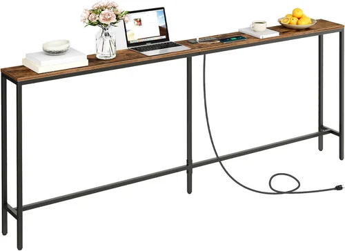 Vista 14 de MAHANCRIS Mesa consola de 70.9 pulgadas con toma de corriente, mesa de sofá estrecha, mesa de entrada industrial con puertos USB, detrás del sofá