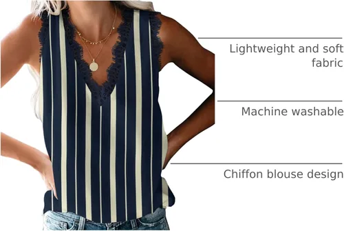 Vista 80 de VIISHOW - Camiseta sin mangas, sexy, con cuello en V y bordes de encaje para mujer, camisola de vestir, camisas de gasa, sin mangas, casuales
