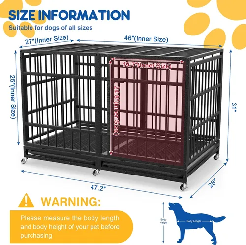 Vista 2 de Asee'm Jaula de perro resistente de 48 pulgadas con ruedas para perros grandes, jaula indestructible a prueba de escapes para perros de alta