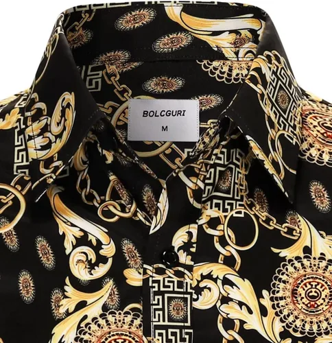 Vista 3 de Bolcguri Camisas de vestir de cadena Buchona de color negro y dorado para hombre, con estampado barroco de lujo, manga larga, con botones, camisa