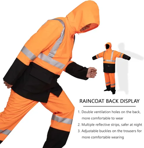Vista 4 de HAOKAISEN Traje de lluvia para hombre, resistente al agua, alta visibilidad, reflectante, chaqueta de lluvia con pantalones de babero